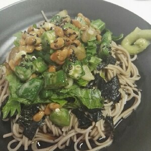 オクラと納豆と大葉の冷やしお蕎麦♪